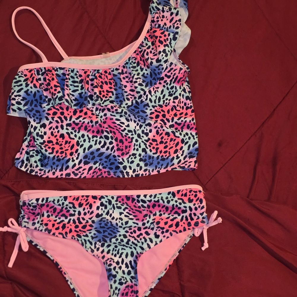 Kensie Girl Pink and Blue Leopard Print Kids Bikini